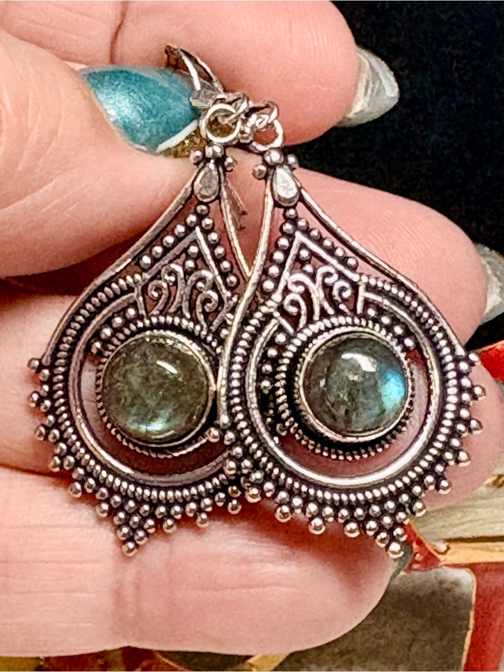 Sterling-Style Labradorite Teardrop Dangle Earrings in Green-Blue